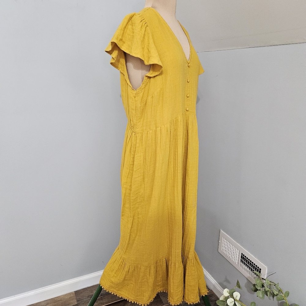 Mustard Yellow Maxi Dress XXL Boho Flutter Prairie Cottagecore Boho Cotton Gauze - Picture 2 of 11